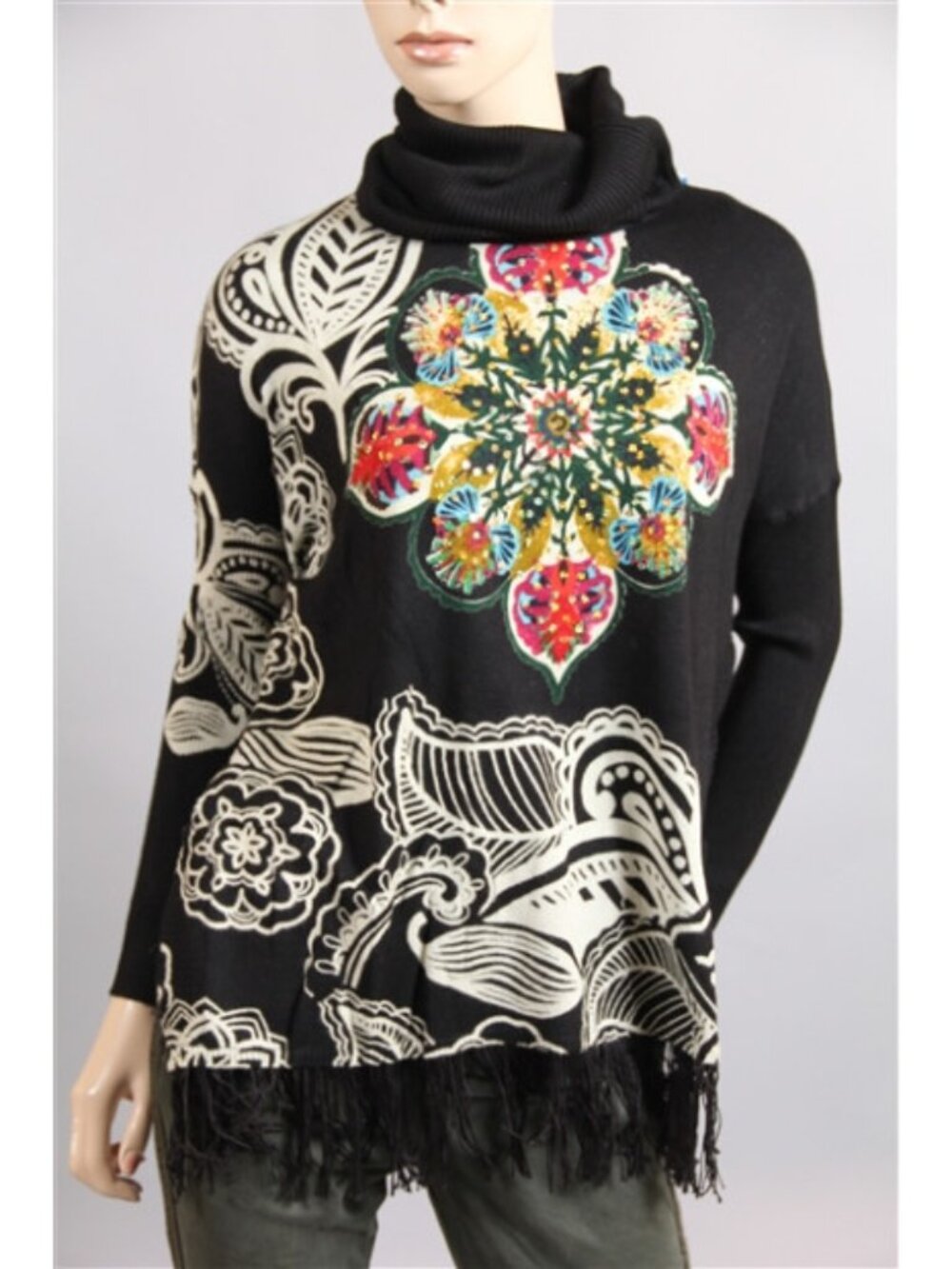 Desigual Black Floral-Print Turtleneck Fringe Top